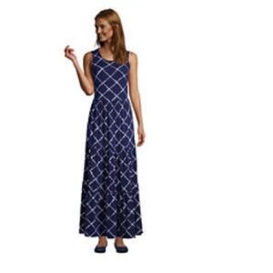 Lands End Sleeveless Tiered Maxi Dress DEEP SEA NAVY WINDOWPANE size M